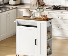 Rolling Kitchen Island Cart with Storage Space Kitchen Island Table with Trash Can, 5 Swivel Castors, Drawer, Spice Rack and Towel Holder for Kitchen
