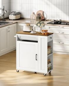Rolling Kitchen Island Cart with Storage Space Kitchen Island Table with Trash Can, 5 Swivel Castors, Drawer, Spice Rack and Towel Holder for Kitchen