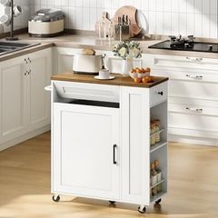 Rolling Kitchen Island Cart with Storage Space Kitchen Island Table with Trash Can, 5 Swivel Castors, Drawer, Spice Rack and Towel Holder for Kitchen
