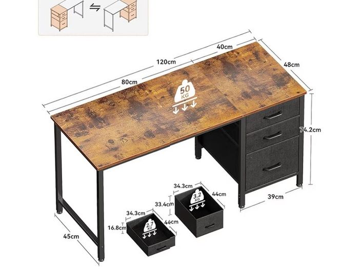 Computer Desk with Drawers Office Desk with Storage, Reversible Small Desks for Home Office Vintage Brown