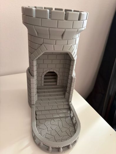 Articulated RPG Dice Tower Castle Design with Mechanical Pop-up Tray