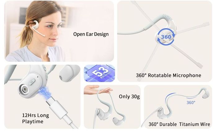 Giveet Bluetooth 5.3 Headset with Detachable Microphone, Wireless Headset w/DSP Noise Cancelling Mic for Phone PC Laptop, Open Ear Comfort Headphones for Office Home Working Driving Running, 12 Hrs
