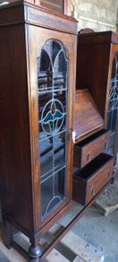 Antique English made By Harrison and Gibson Ilford very rare piece Bureau / Display case with original stained glass with brass fittings and locks. Circa 1930s beautiful