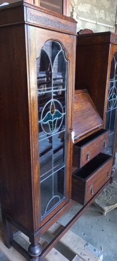 Antique English made By Harrison and Gibson Ilford very rare piece Bureau / Display case with original stained glass with brass fittings and locks. Circa 1930s beautiful