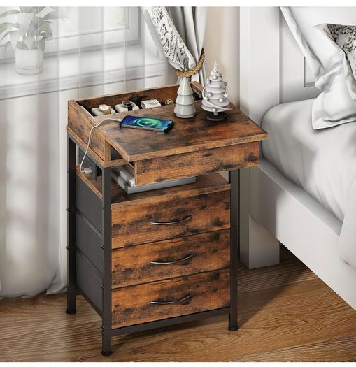 Bedside Table with Charging Station, Side Table with 4 Drawers, 2 AC Outlets, 1 USB-A, 1 Type-C, Nightstand for Bedroom, Living Room, Rustic Brown and Black