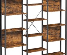 _Bookcase Ladder Shelf 14 Shelves Metal Frame Living Room Study Office Industrial Design 158 x 24 x 166 cm Vintage Brown/Black