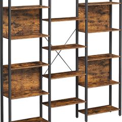 _Bookcase Ladder Shelf 14 Shelves Metal Frame Living Room Study Office Industrial Design 158 x 24 x 166 cm Vintage Brown/Black