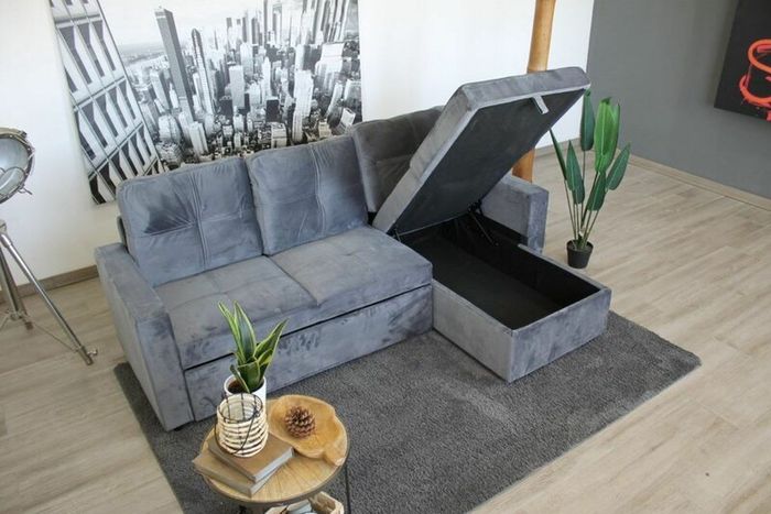 Grey velvet Corner Sofa Bed with Storage 215cm