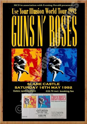 Guns n Roses Slane Castle 1992 concert poster with ticket reproduction print