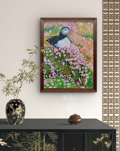 Puffin in the Sea Pinks | oil painting | framed