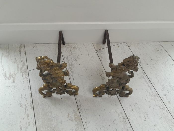 19th Century Cast Brass Rampant Lions Andirons