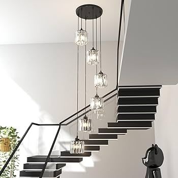 Long Chandelier for High Ceilings Modern Crystal Long Pendant Light Raindrop Drop Lamp Hanging Flush Mount Chandelier Ceiling Light for Staircase Foyer Living Room Entryway 6 Lights