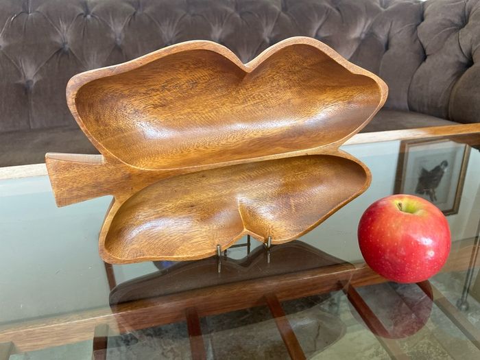 Vintage Teak Wood Serving Butterfly Leaf Shaped Bowl Two Section Tray
