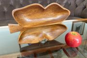 Vintage Teak Wood Serving Butterfly Leaf Shaped Bowl Two Section Tray
