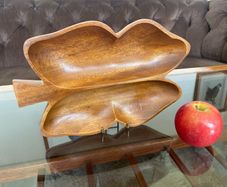 Vintage Teak Wood Serving Butterfly Leaf Shaped Bowl Two Section Tray