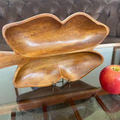 Vintage Teak Wood Serving Butterfly Leaf Shaped Bowl Two Section Tray