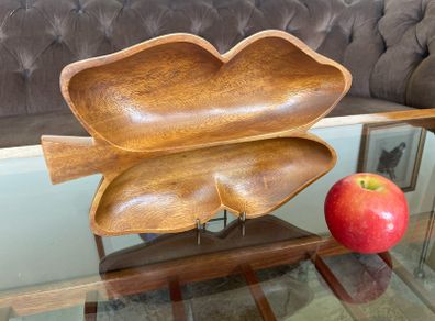 Vintage Teak Wood Serving Butterfly Leaf Shaped Bowl Two Section Tray