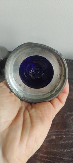 Pewter Condiment Set, blue glass and pewter design. mustard and salt