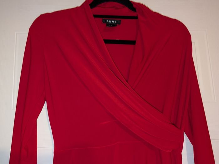 gorgeous long sleeve wrap effect red midi dress from DKNY