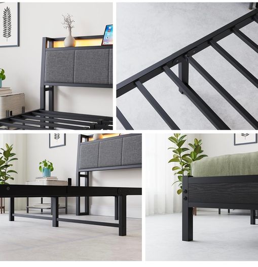 Double Bed Frame, 4FT6 Bed Frame Ergonomics Double with Charging Station and LED Lights, Heavy Duty Platform Full Bed with Fabric Storage Sloped Headboard, No Box Spring Needed, (Black)