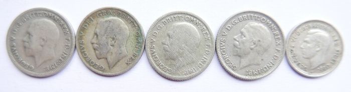 Vintage Silver Coins Six Pence 1921-1929-1930-1933 and 3 Pence 1951 12,3g