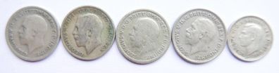 Vintage Silver Coins Six Pence 1921-1929-1930-1933 and 3 Pence 1951 12,3g