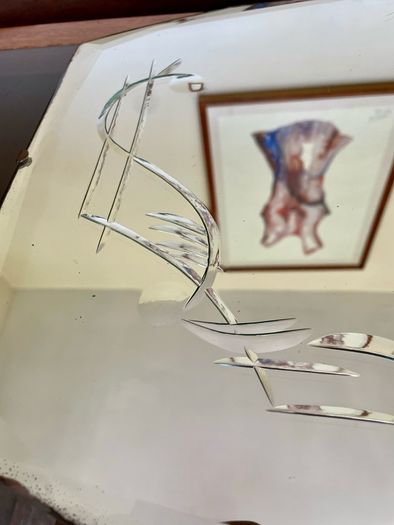 Large Vintage Mid Century Bevelled Mirror with Chain Reverse Etched Chinoiserie Detail