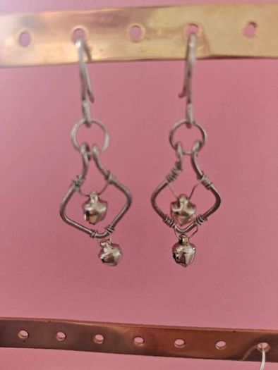 Stainless Steel Earrings with Bells, Handmade Wire Art, Geometric Dangles