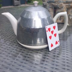 Vintage Beverley White Teapot Made In England Reg Design 884646 Chromed Cover  D18 POST 10e