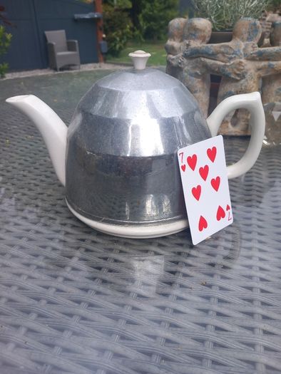 Vintage Beverley White Teapot Made In England Reg Design 884646 Chromed Cover  D18 POST 10e