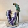 Premium Ruby in Zoisite Gemstone Parrot Carving on Unique Amethyst Crystal Geode Image 7
