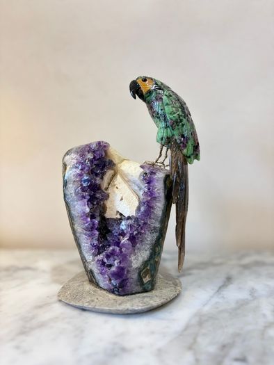 Premium Ruby in Zoisite Gemstone Parrot Carving on Unique Amethyst Crystal Geode