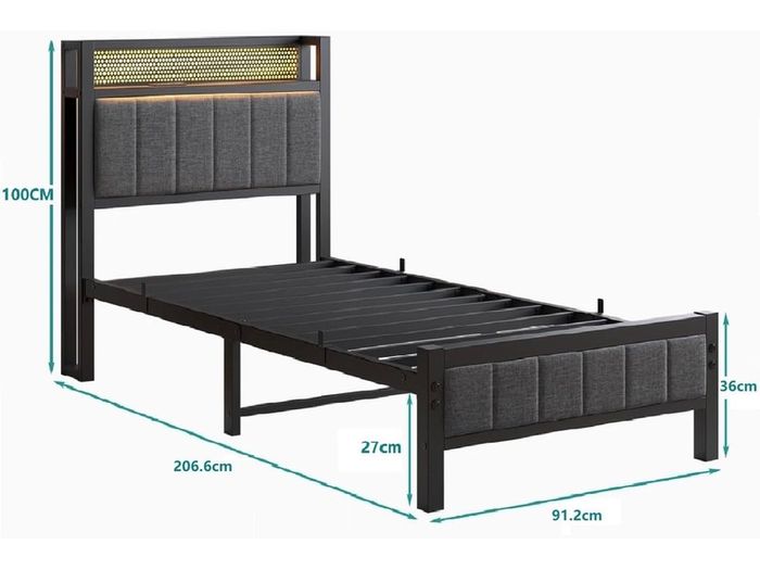 Single Bed Frame with Upholstered Headboard, No Box Spring Needed Wooden Storage Headboard Shelf, 3ft Upholstered Bed Frame with Charging Station/USB Ports and LED Lights (Gray Single Bed)