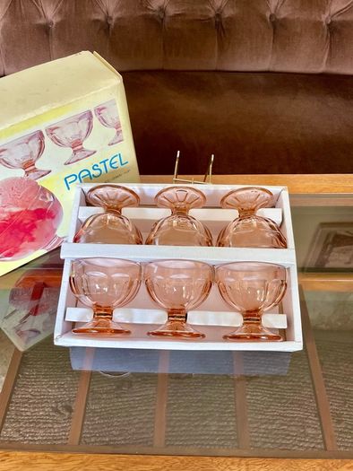 Retro Set of Six 1970s 80s Rose Glass Sundae Glasses