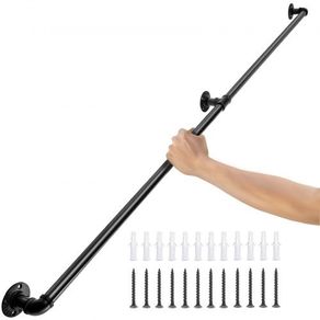 Pipe Stair Handrail, 5FT Staircase Handrail, 440LBS Load Capacity Carbon Steel Pipe Handrail, Industrial Pipe Handrail with Wall Mount Support, Round Corner Wall Handrailings for Indoor, Outdoor (FREE SHIPPING)