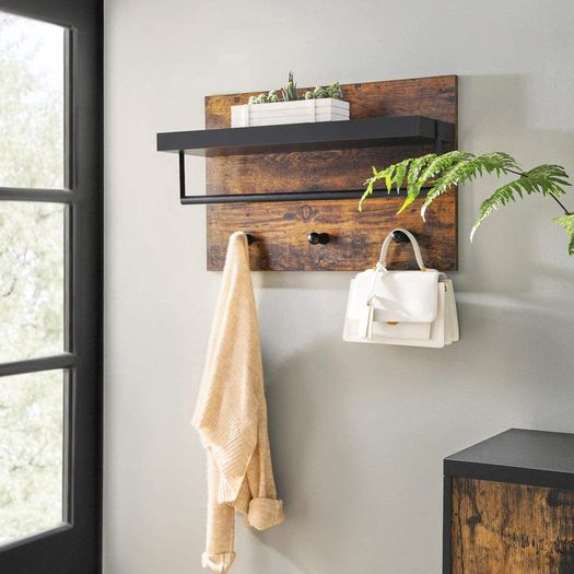 _Wall Coat Rack in Industrial Design, Vintage with 3 Hooks, Bar and Shelf 40 x 60 x 21.5 cm, Wood/Black