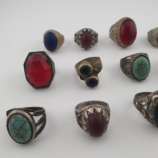 Antique Ring Collection Lot of 15 Mixed Brass & Stone,Glass Antique Style Rings