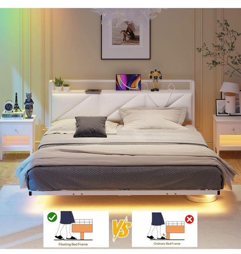 Floating King Metal Bed Frame with LED Lights & USB Charging Station, 150x200cmMetal