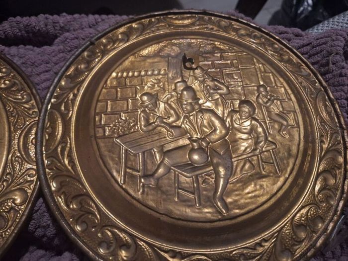 Vintage Embossed Brass Wall Hanging Plates Pair Tavern Pub Scene