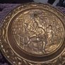 Vintage Embossed Brass Wall Hanging Plates Pair Tavern Pub Scene Image 6