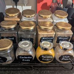 Glass containers (total 14) for spices with rack