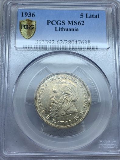 Lithuania 1936 silver 5 litai PCGS MS62 Rare uncirculated