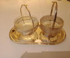 Vintage Twin Cut-Glass Jam & Condiment Dish Set with Matching Serving Tray
