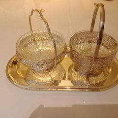 Vintage Twin Cut-Glass Jam & Condiment Dish Set with Matching Serving Tray