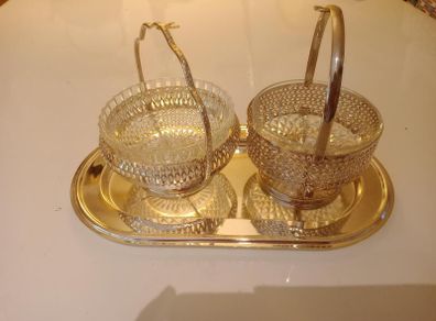 Vintage Twin Cut-Glass Jam & Condiment Dish Set with Matching Serving Tray
