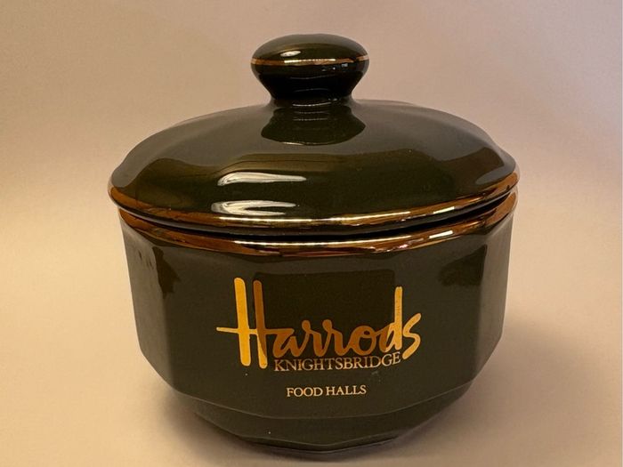 Vintage Harrods Food Halls Apilco France Lidded Preserve Pot / Sugar Bowl Green & Gold