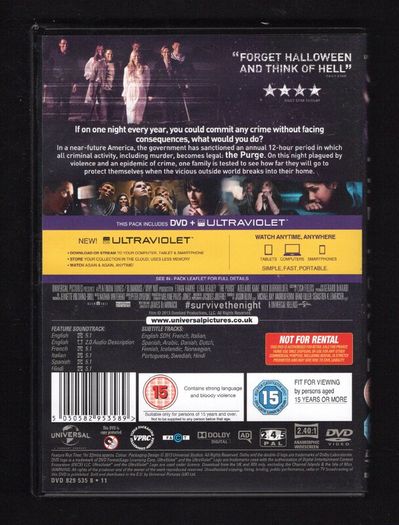 The Purge DVD Movie Staring Lena Headey, Ethan Hawke and Tony Oller
