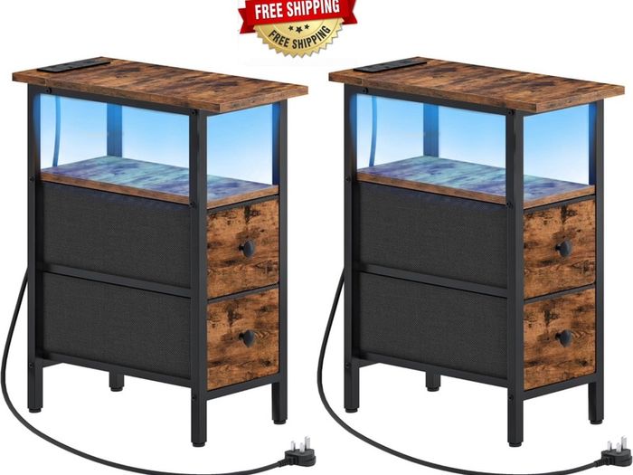Slim Bedside Table with Charging Station, Narrow Side Table with LED Lights and 2 Fabric Drawers, Nightstand for Small Space, Bedroom, Living Room, Rustic Brown and Black
