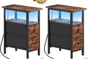 Slim Bedside Table with Charging Station, Narrow Side Table with LED Lights and 2 Fabric Drawers, Nightstand for Small Space, Bedroom, Living Room, Rustic Brown and Black