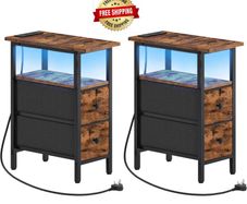 Slim Bedside Table with Charging Station, Narrow Side Table with LED Lights and 2 Fabric Drawers, Nightstand for Small Space, Bedroom, Living Room, Rustic Brown and Black